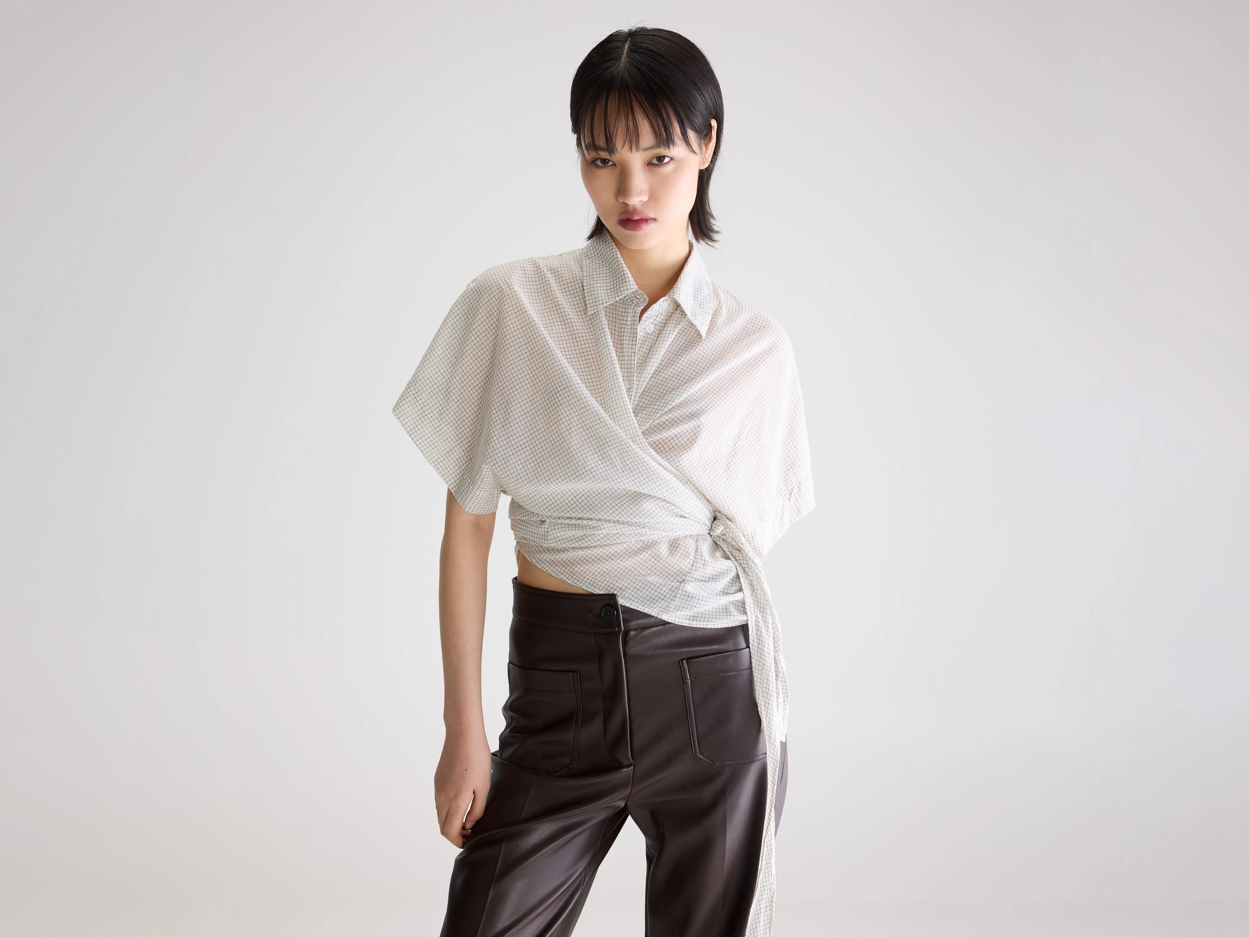 Coral tie-up blouse (261 / W / CHECK E)
