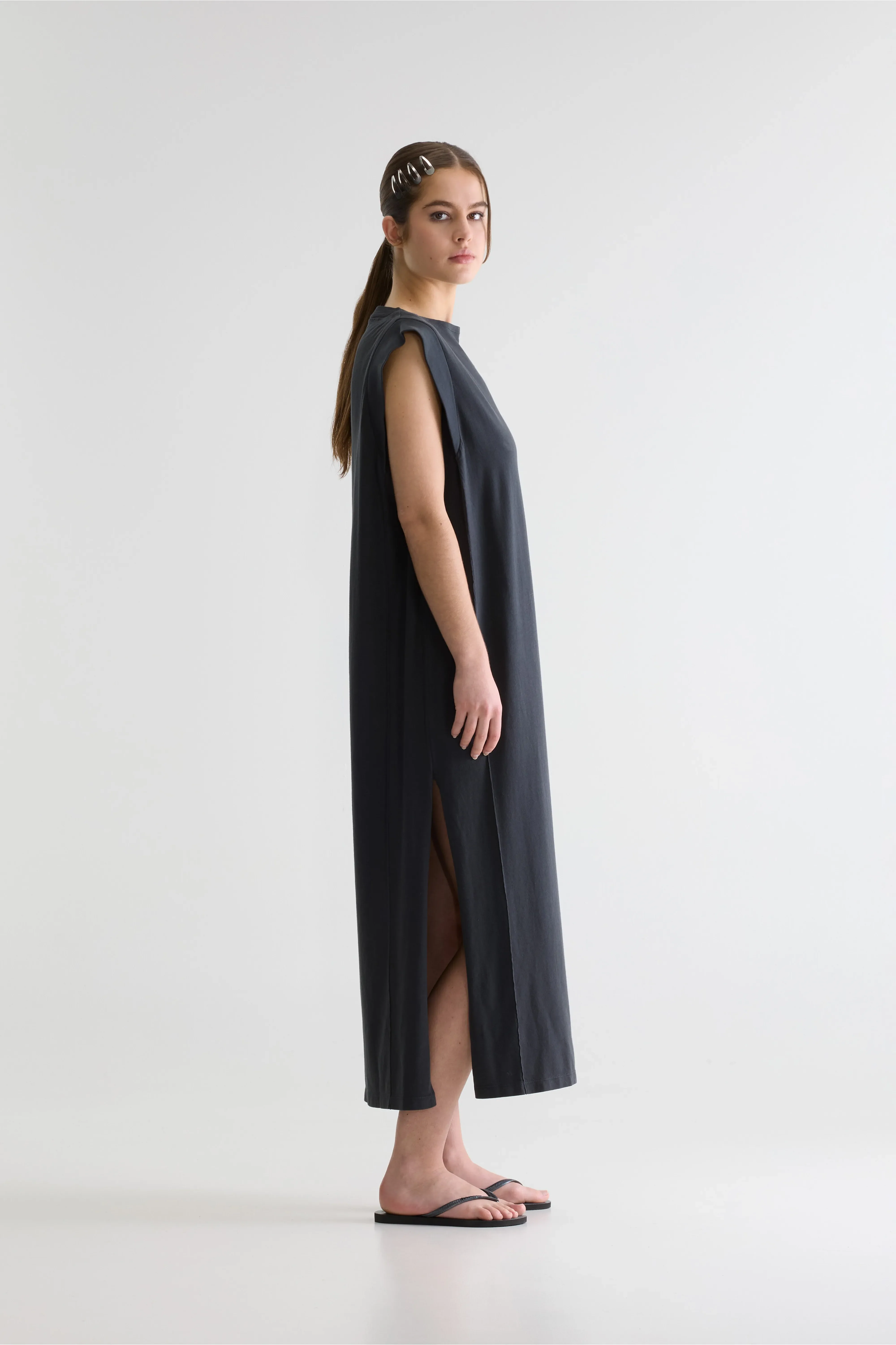 Cling jersey long dress (261 / W / BLACK SAND) - Image 4